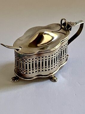 English Sterling Silver Mustard Pot Cobalt Glass Insert Spoon London Hallmarks